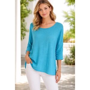 Calypso St Barth Blue 100% Linen Knit Scoop Neck 3/4 Sleeve Top XS